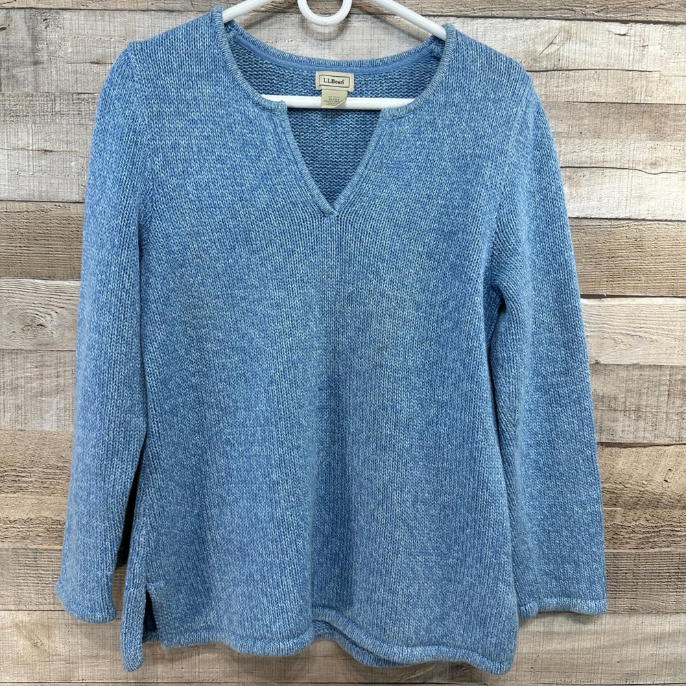 LL Bean Womens Blue Cotton V-Neckâ Pullover Knit Sweater Size Medium Petite